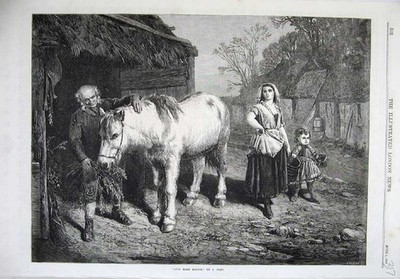 Original Old Antique Print 1870 Fine Art Auld Mare Maggie Horse Farm Man Barn