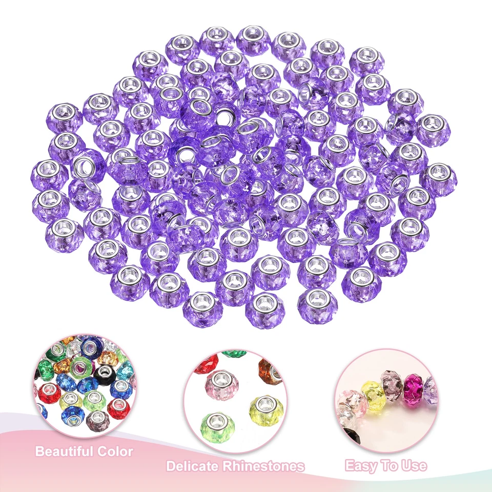 100Pcs 14mm Large Hole Acrylic Beads Light Purple European Loose Faceted Bead Foto 3 de 4