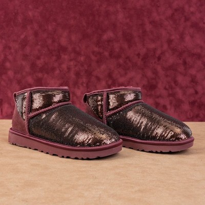 UGG Women Ultra Mini Mirror Burgundy Glitter Winter Ankle Boots sz 6