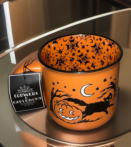 SPINNWEBEN & KESSEL HALLOWEEN 🎃 SCHWARZE KATZE JACK-O-LANTER HANDBEMALT 18oz. TASSE