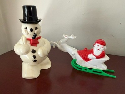 Vintage 1950's Rosbro Snowman (plastic) Candy Container AND Santa in Sleigh