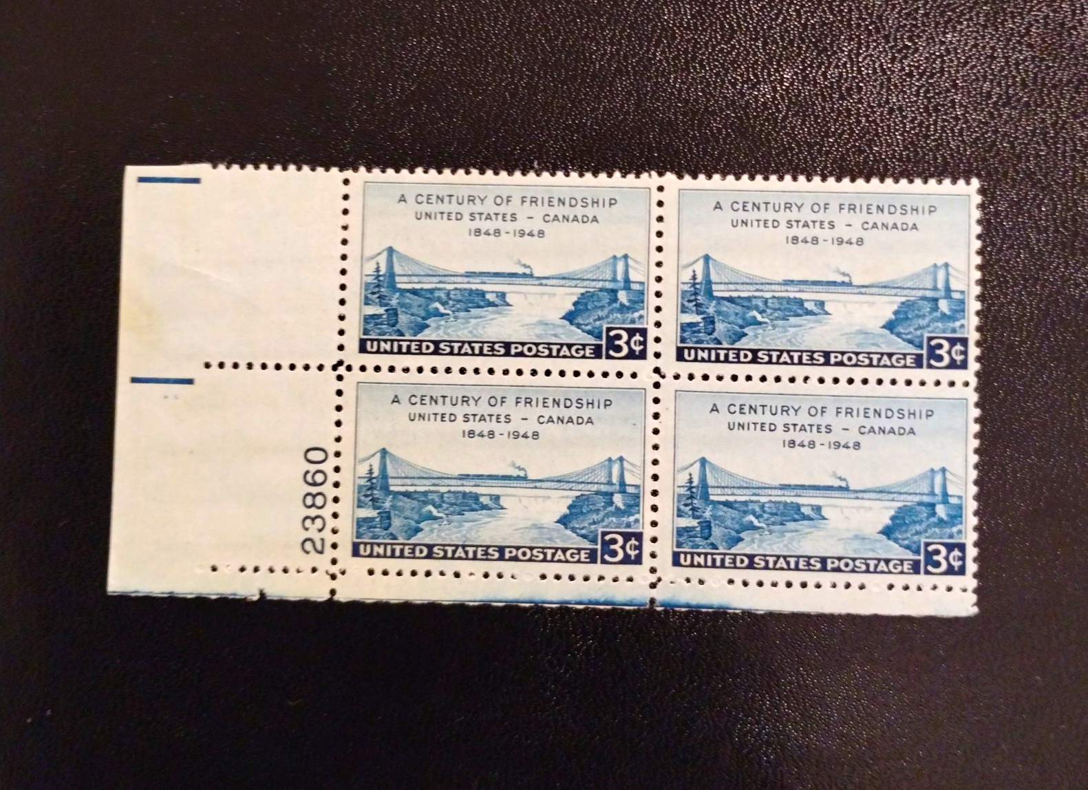 United States Century of Friendship 3¢ Blue Plate Block of 4 MNH 1948 Ungraded
