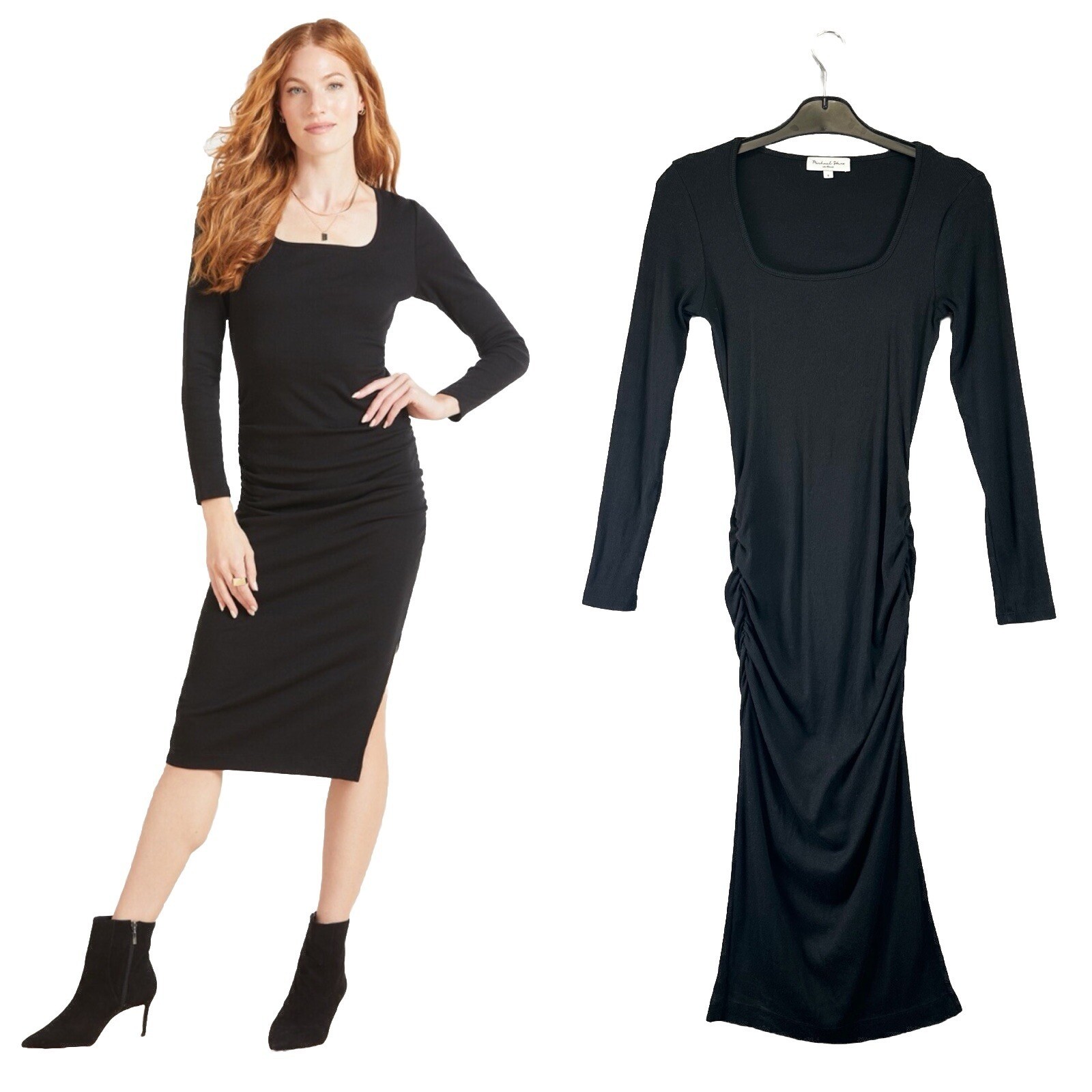 Michael Stars Black Ribbed Long Sleeve Square Neck Ruched Midi Dress Size S