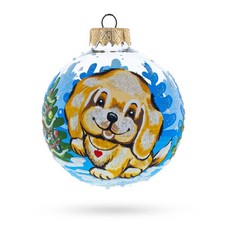 Adorable Golden Puppy Glass Ball Ornament 3.25 Inches