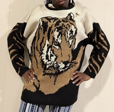 Vintage Tiger Sweater Women s Oversized Knit Animal Graphic Crewneck 90s Black