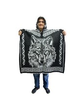 2XL MEXICAN PONCHO WITH HOOD , WOLF , WOLVES , BLANKET, ONE SIZE, BLACK  WHITE
