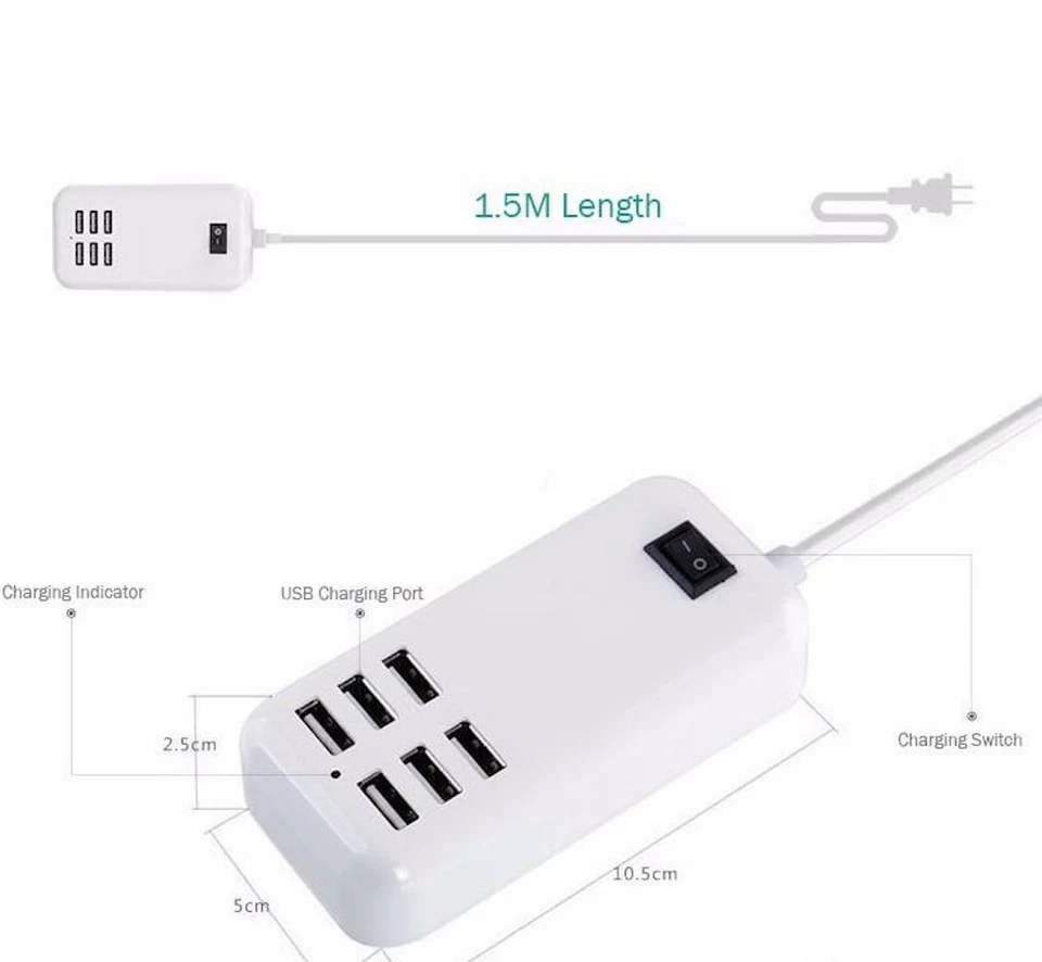 4 FOOT (1.5M) WALL PLUG EXTENSION CORD 6 USB PORT HUB 5V-4A 4 SLOT CHARGER CABLE - Image 4 of 4