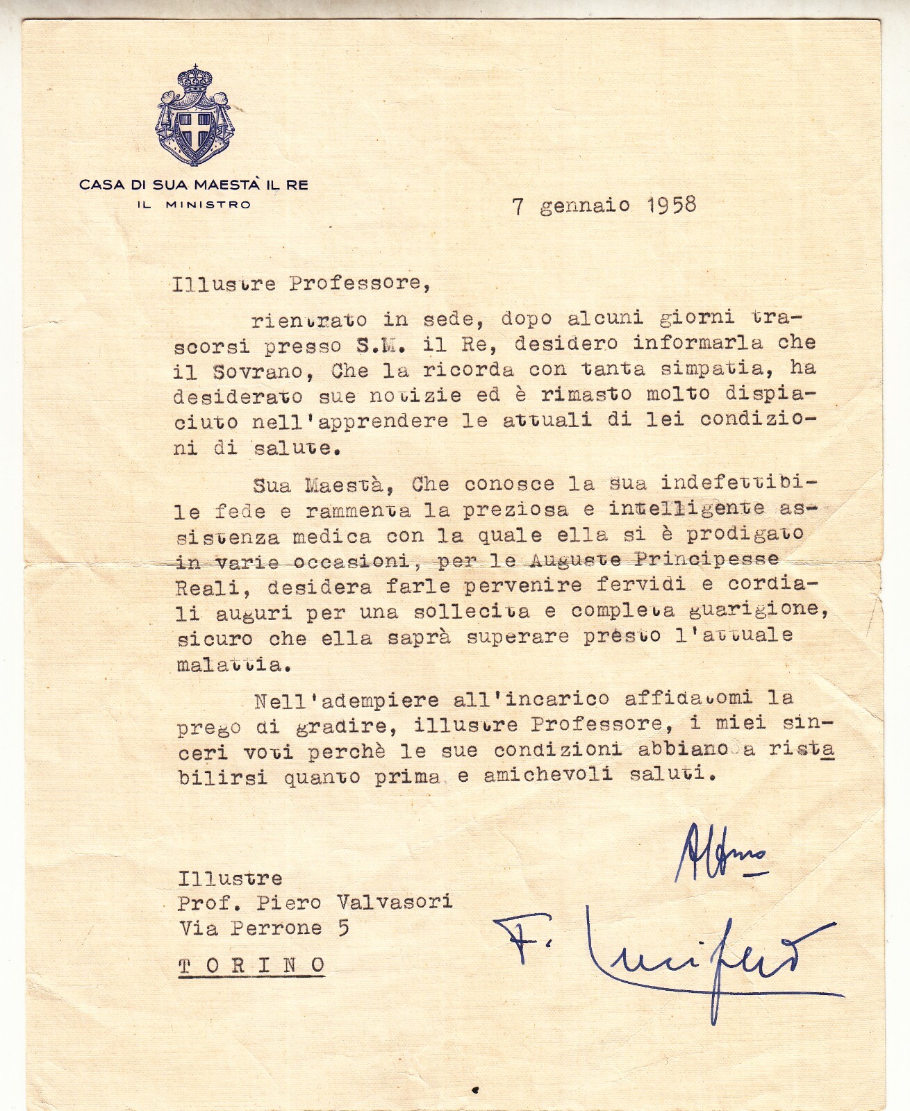 LETTERA DEL RE DI AUGURI X PROF. PIERO VAVASORI FIRMA MINISTRO FALCONE LUCIFERO