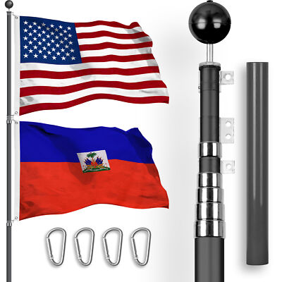 20 Ft Telescoping Flagpole Black & American and Haiti Flags Spun 3x5 Ft