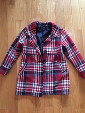 Takara girls Red Black Gray Cream Plaid Wool Blend PEA COAT Jacket Large Bow