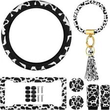 7 Pieces Cow Print Car Accessories Cow Steering Wheel Cover Cow License Plate Fr