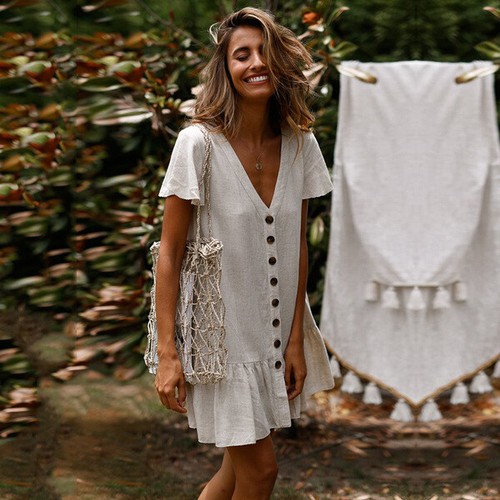 Elegante abito vestito morbido corto boho bohemian hippie bianco bottoni  5214 | eBay