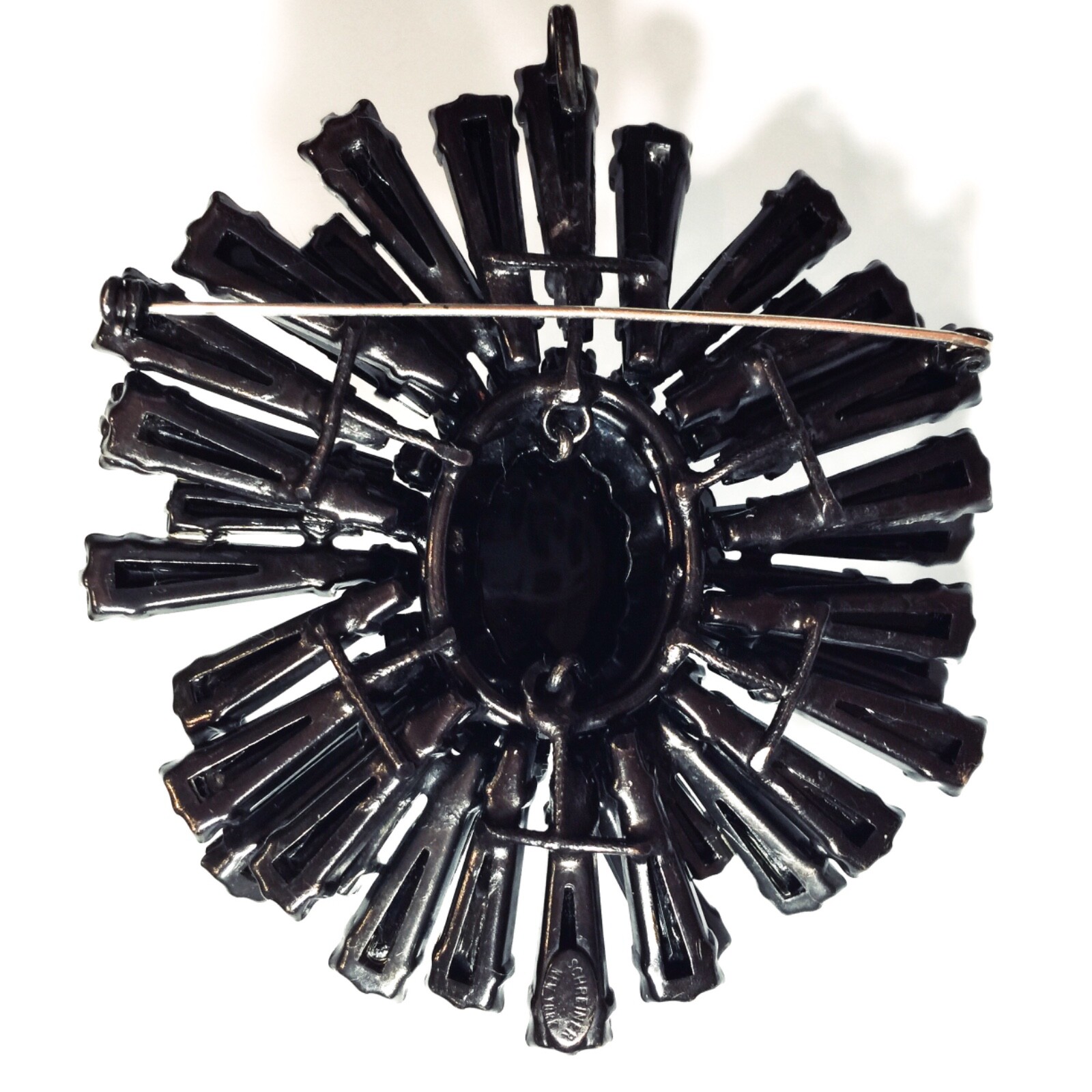 Vintage Signed SCHREINER NY Black Jet Keystones Giant Ruffle Brooch Pin ...