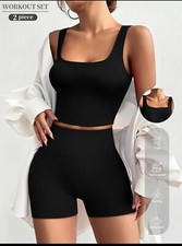 Black High Waisted Strappy Top  Ribbed Shorts Activewear Set/Workout set Medium