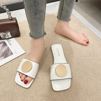 Women's Summer Fashion Flat Slippers Round Buckle Slippers Shoes