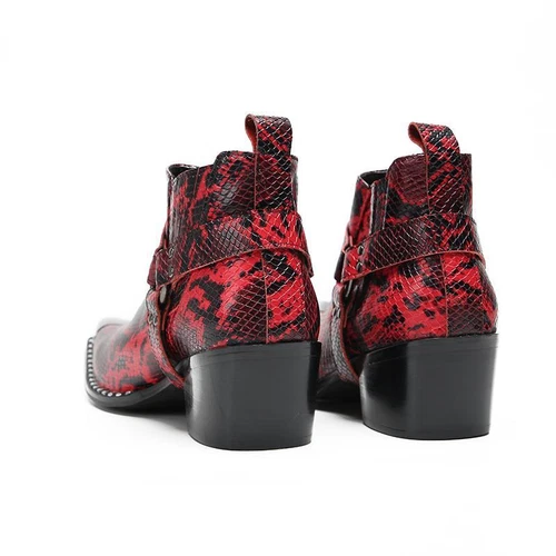 Men High Heel Rivets Snakeskin Pattern Serpentine Leather Metal Toe Ankle Boots - Picture 11 of 22