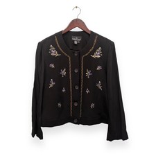 Vintage Carole Little Spring Flowers Embroidered Black Jacket Size 10