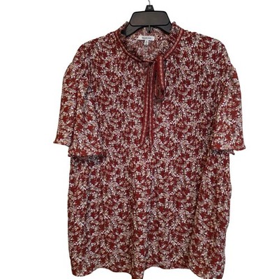 Max Studio Floral Blouse Womens 1X Rust Red Pleated Smocked Tie Neck 2W04D76