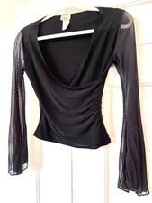 Women s Black Draped Surplice Top Blouse, Long Sheer Pleated Bell Sleeves M NWOT