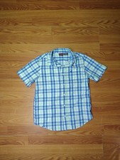 Wrangler Boys Shirt Button Down Blue Green Plaid Short Sleeve Large 10-12