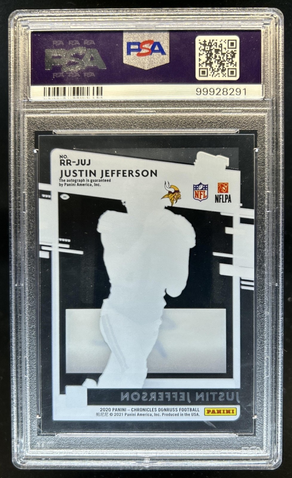 2020 Chronicles Justin Jefferson Clearly Donruss Rookie Auto Purple #/25 PSA 9 view 2