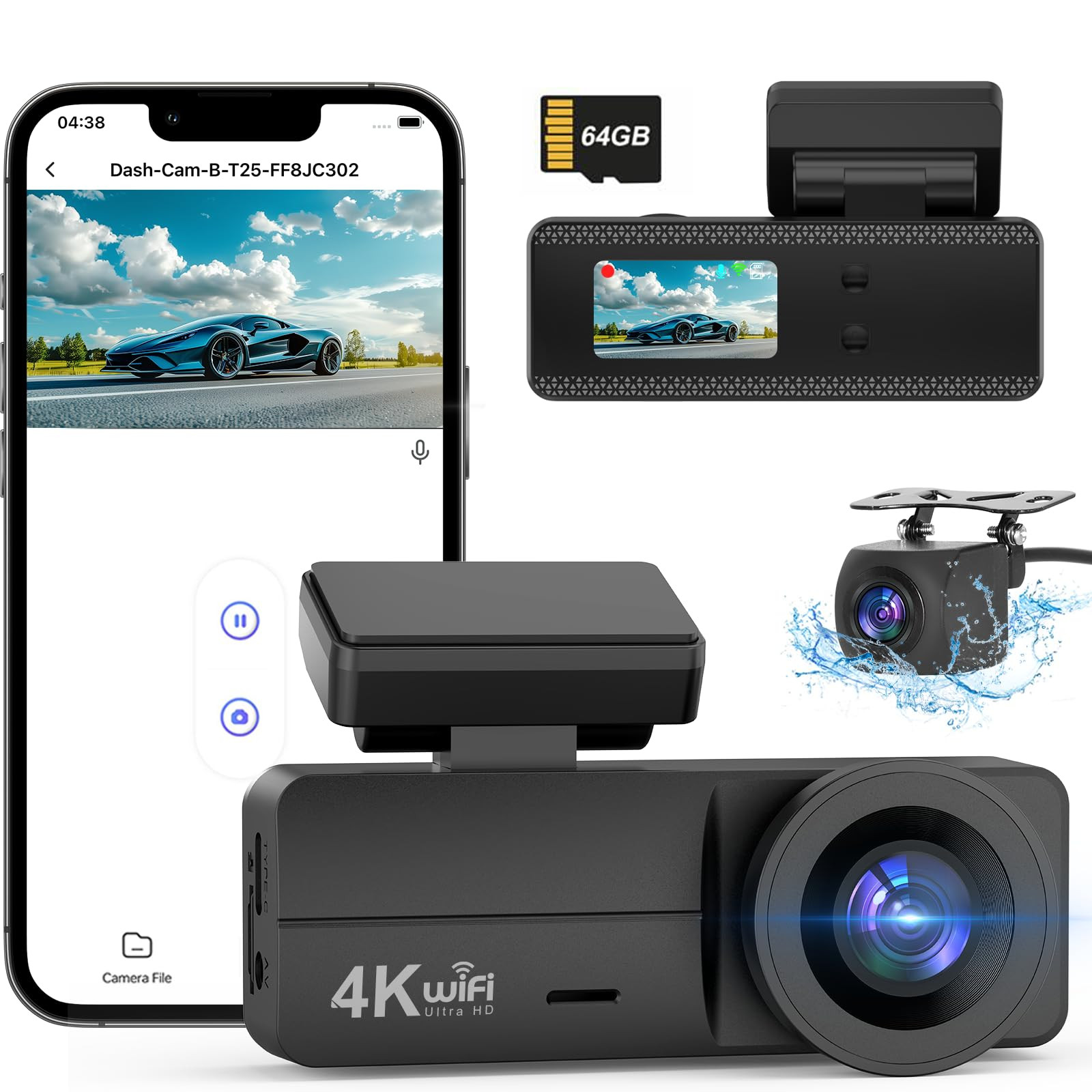 4K Front & Rear Dash Cam with WiFi, 64GB Card, Dual 4K+1080P Camera