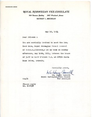 1954 Royal Norwegian Vice-Consulate Detroit MI Letter Signed Wm Henry Caswell