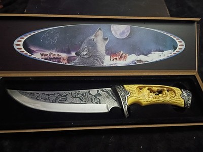 Decorative Knife with Beautiful Wolf Carving In Protective Wooden Display Box