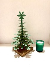 Unique Cut Metal Christmas Tree Decor W/ Rustic Wooden Base 11.5  Tall,