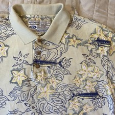 AFTCO Shirt Mens Large Yellow Marlin Floral Polo Genuine Bluewater Fishing