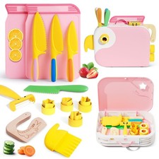 Kids Kitchen Knife Set for Real Cooking with Storage Box Pink, Montessori Kit...