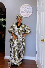 Women s White/Green Floral Satin Kaftan Maxi Dress w/ Matching Headwrap