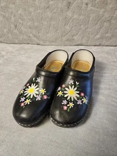 Tessa Clogs Women’s 40 US 9 Floral Leather Hand Painted Black Slip On