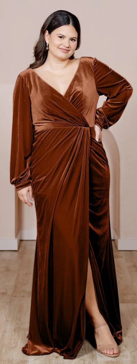 Dress Revelry Vera Velvet Maxi Long Sleeve Bridesmaid Rust Color Size 22