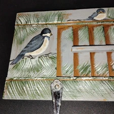 Vtg Wood Wall Art Decor. Hand painted Shutter with Birds. Towel Hanger