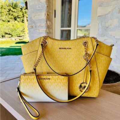 Michael Kors Jet Set Travel Chain Shoulder Tote Bag+Wallet Set Daisy Yellow