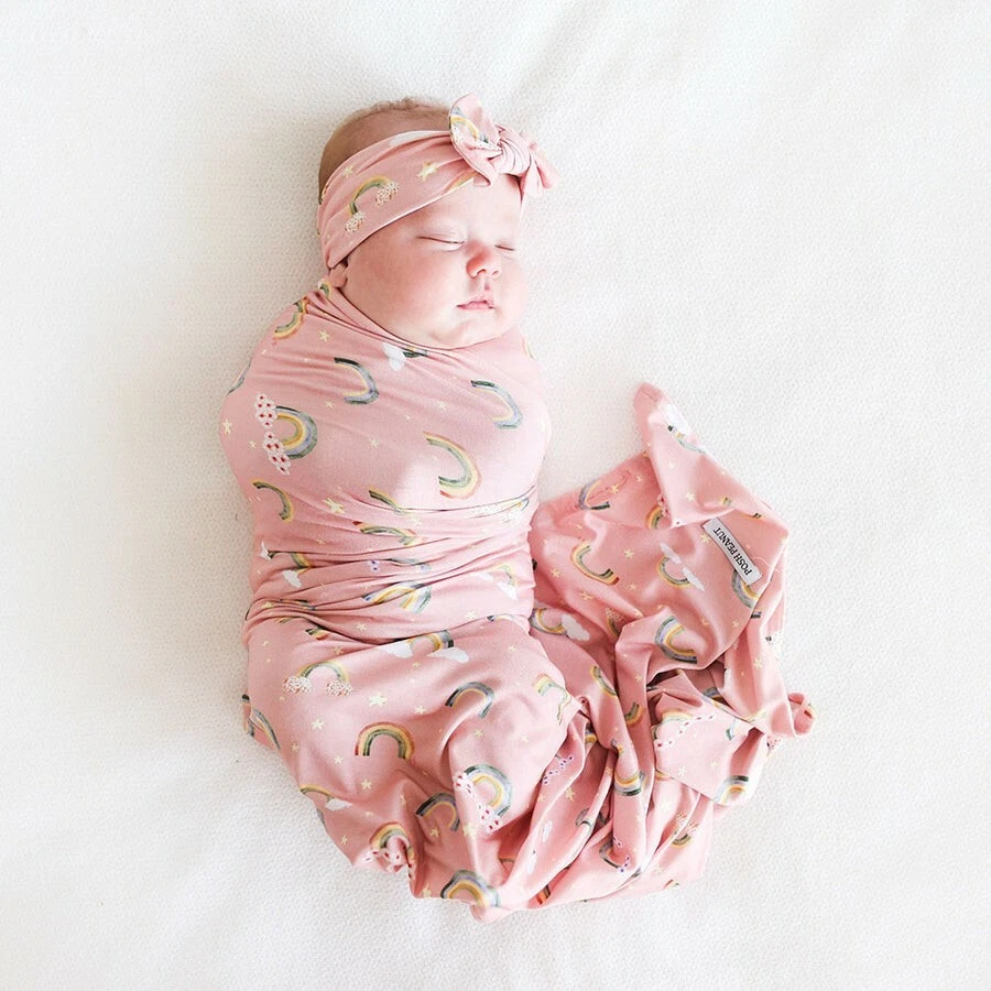 New Posh Peanut Shay  dusty pink rainbow bamboo swaddle & headwrap set,  NWT