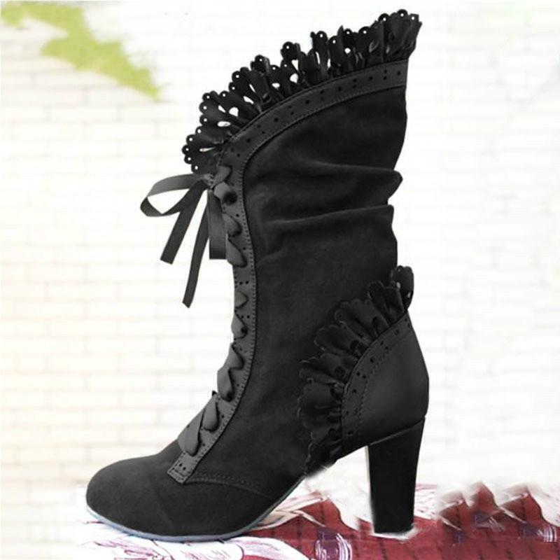 Women Steampunk High Heel Rustic Shoes Victorian Ankle Vintage Boots