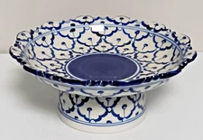 Vintage Ceramic Blue & White Raised Bowl. 8   1/4" Wide × 3   1/2" High Thailand