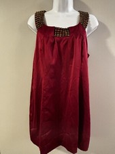 ECI Sleeveless Dress Sz 12 Red Satin Beaded Strap Square Neck Shift Evening