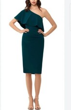 Xscape Women's One-Shoulder Ruffle Cocktail Dress 14 Emerald Rouched Lined 