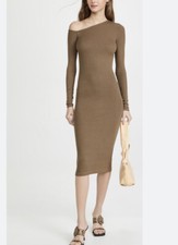 New 225 Enza Costa Silk Rib Angle Neck Midi Dress Olive Small