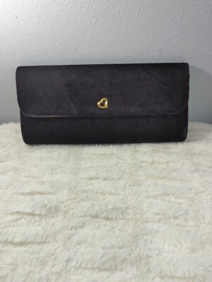 Victoria's Secret Black Velvet Velour Clutch Evening Bag Cosmetic Purse Heart