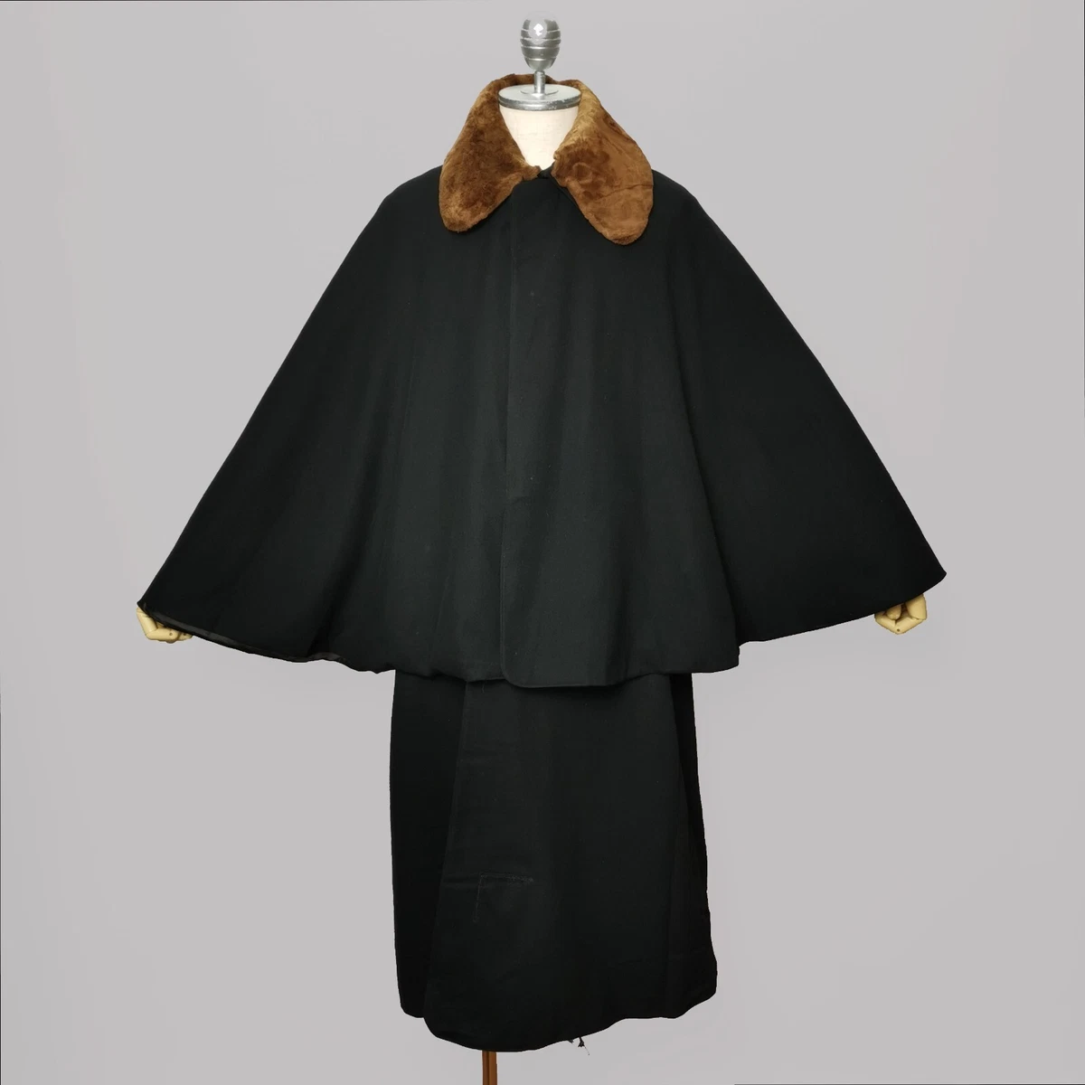 VTG Wool Inverness Cape Coat Fur Japan Kimono Cloak Black Boro
