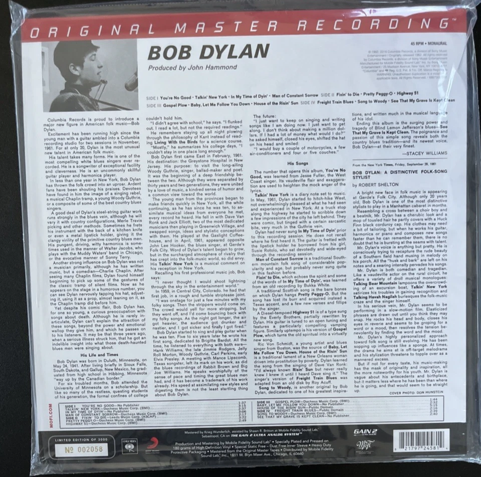 BOB DYLAN MONO MFSL VINYL 2LP 45RPM AUDIOPHILE 180G NUMBERED NEW SEALED MINT Foto 2 de 2