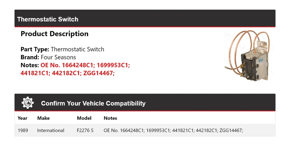 Interruptor termostático International F2276 S 1989 4 estaciones Foto 2 de 4