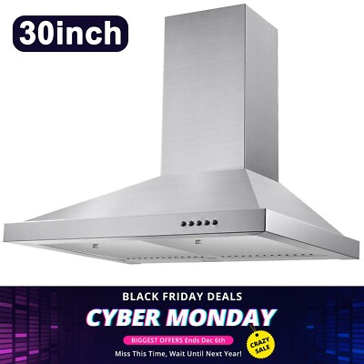 30 inch Range Hood Wall Mount 450CFM Cook Vent Stainless Steel 3-Speed Fan LED