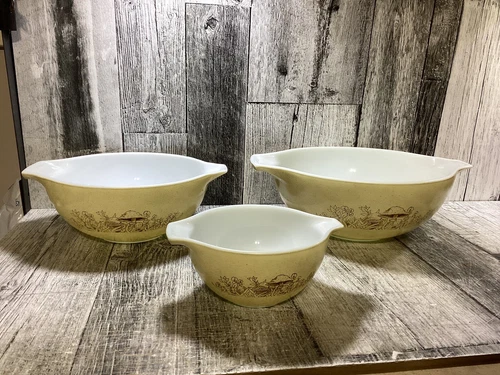 Set of 3 Vtg Pyrex Forest Fancies Mushrooms Cinderella Nesting Bowl 441, 443 444