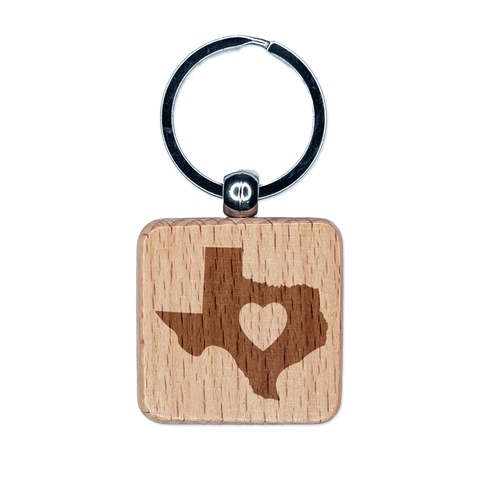 Texas State with Heart Engraved Wood Square Keychain Tag Charm