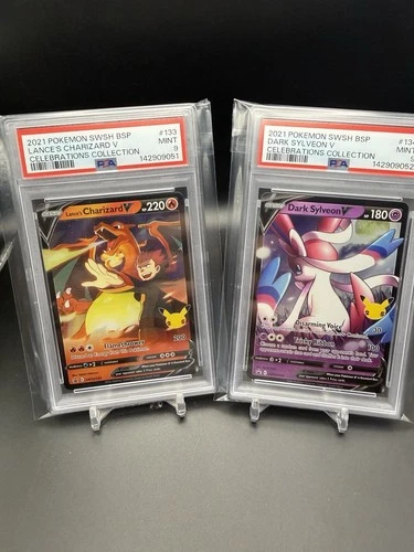 2021 POKEMON SWSH PROMO CELEBRATIONS LANCE'S CHARIZARD V DARK SYLVEON V PSA 9